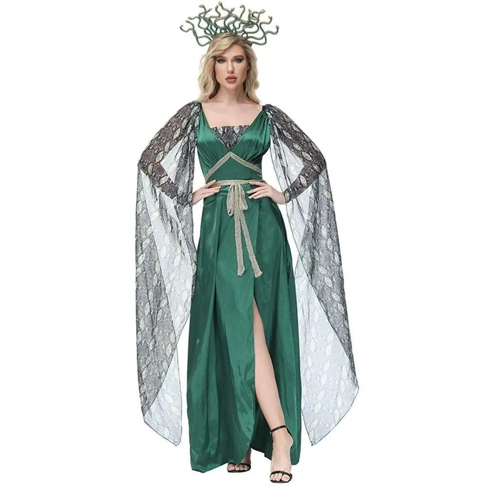 Dark green snake print slit dress mythical siren Medusa dress Halloween Costumes for adult - Pajamasbuy