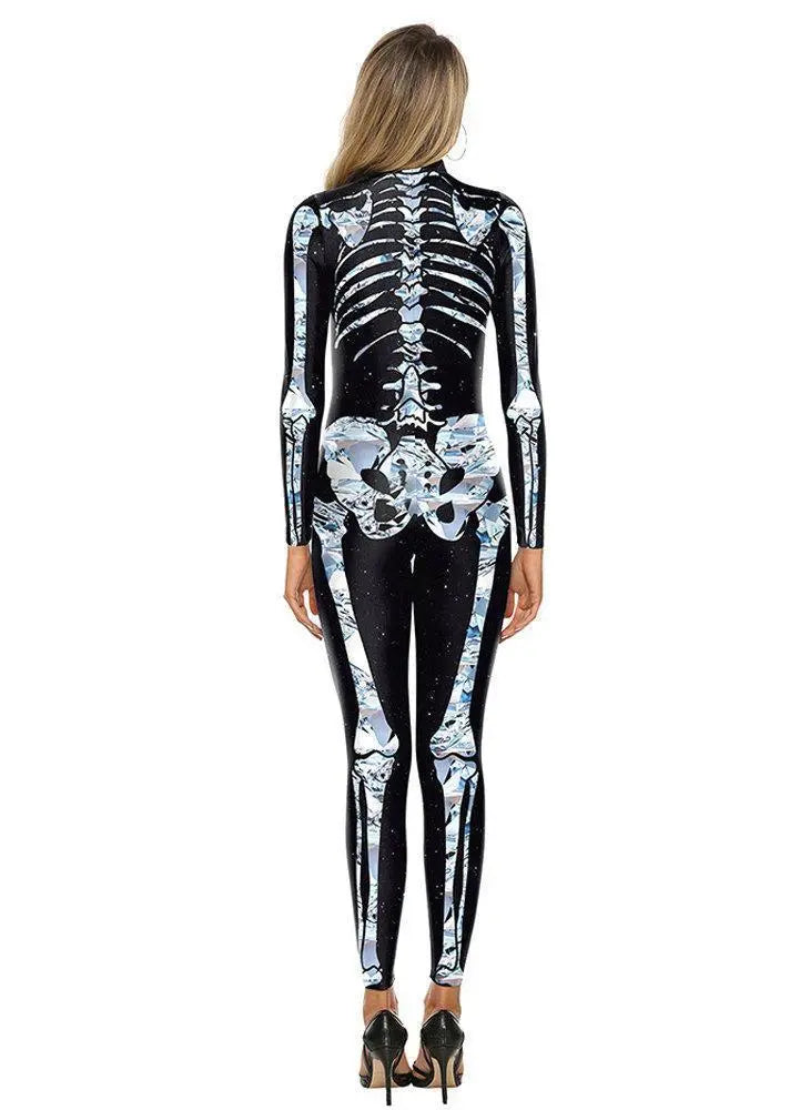 Halloween White Skeleton Elastic Bodycon Jumpsuit Cosplay Costume - Pajamasbuy