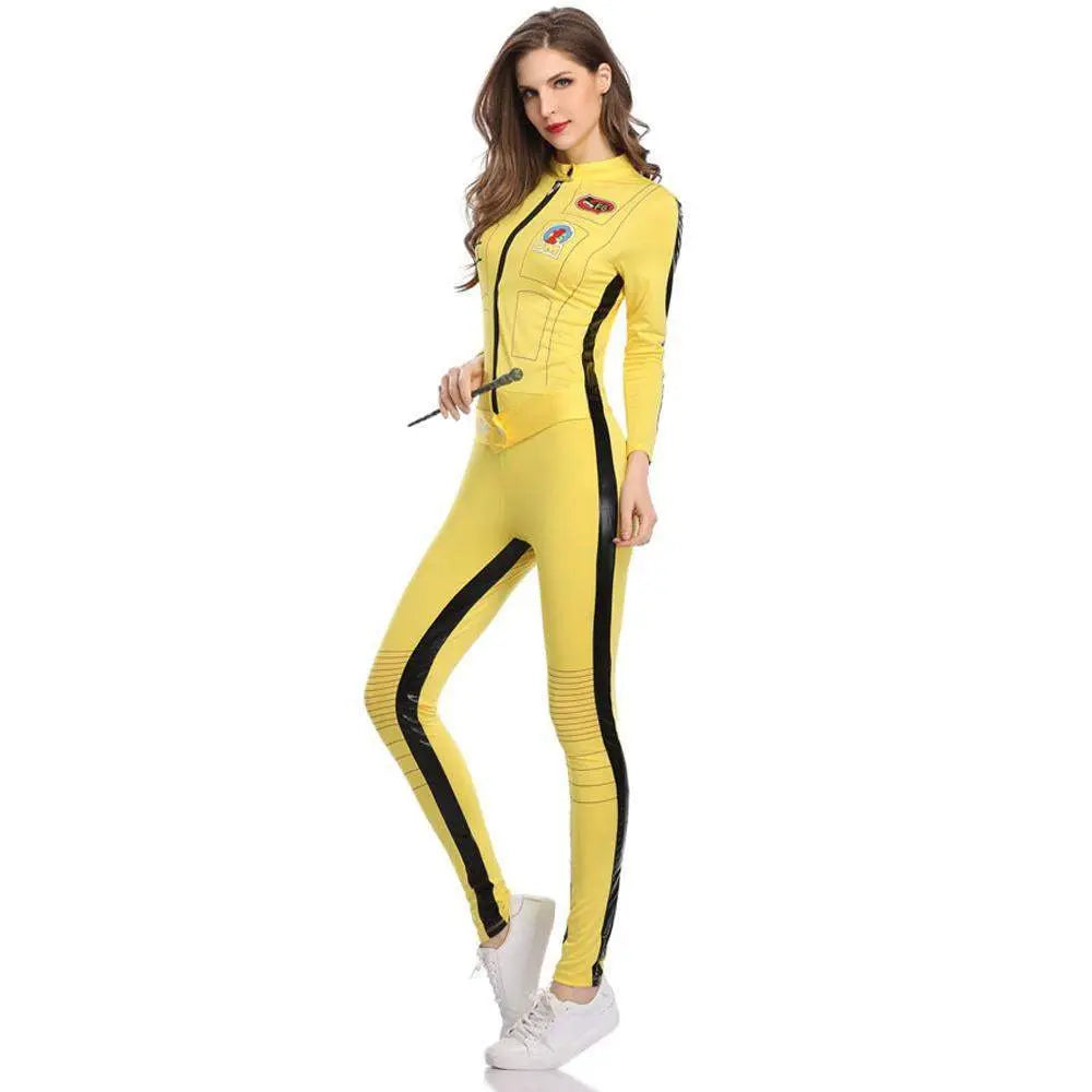 Kill Bill Cosplay Costume Yellow Bodycon Jumpsuit Motorcycle Night Club Racer Zentai Suits for Women - Pajamasbuy