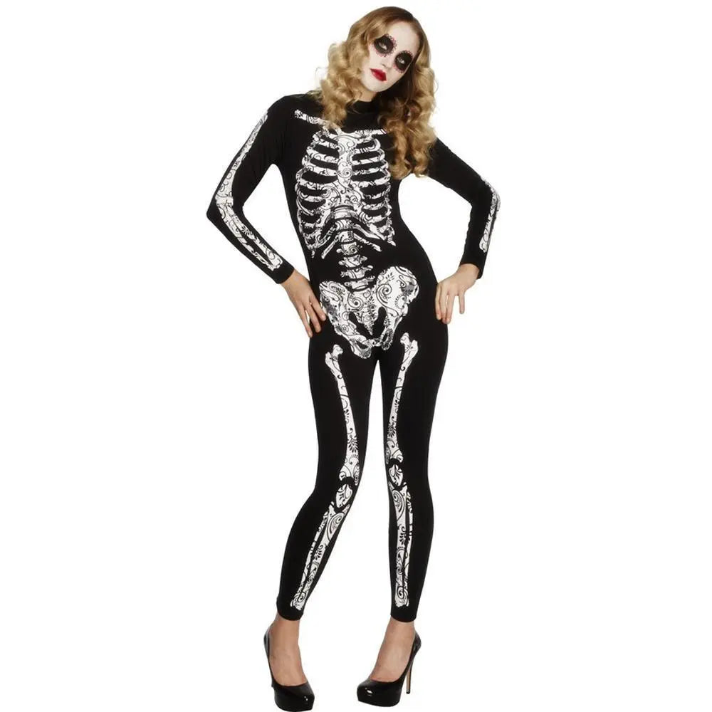 Women's Spandex Printed Skull Skeleton Catsuit Halloween Costume - Pajamasbuy