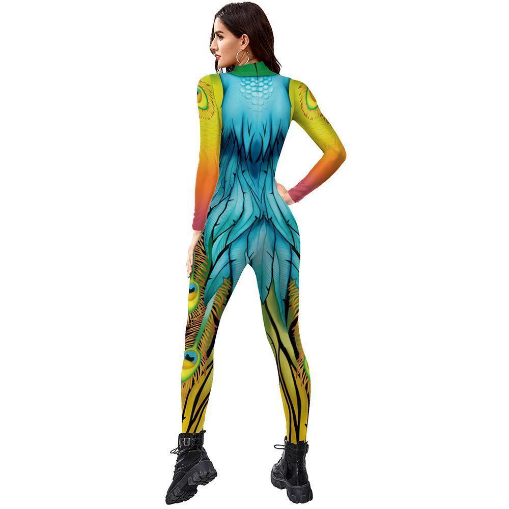 Womens Halloween Costumes Cosplay Peacock Print Jumpsuit Slim Fit Long Sleeve Catsuit Party Outfit - Pajamasbuy