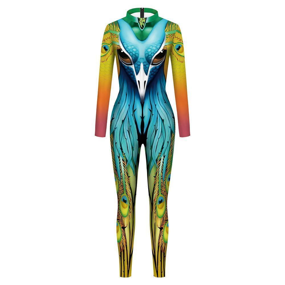 Womens Halloween Costumes Cosplay Peacock Print Jumpsuit Slim Fit Long Sleeve Catsuit Party Outfit - Pajamasbuy